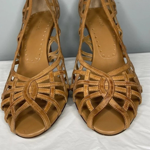 Maripe Rio Peep Toe Leather Shoes Tan Cutout Crossover Heels Retro Summer 11 - Picture 6 of 13